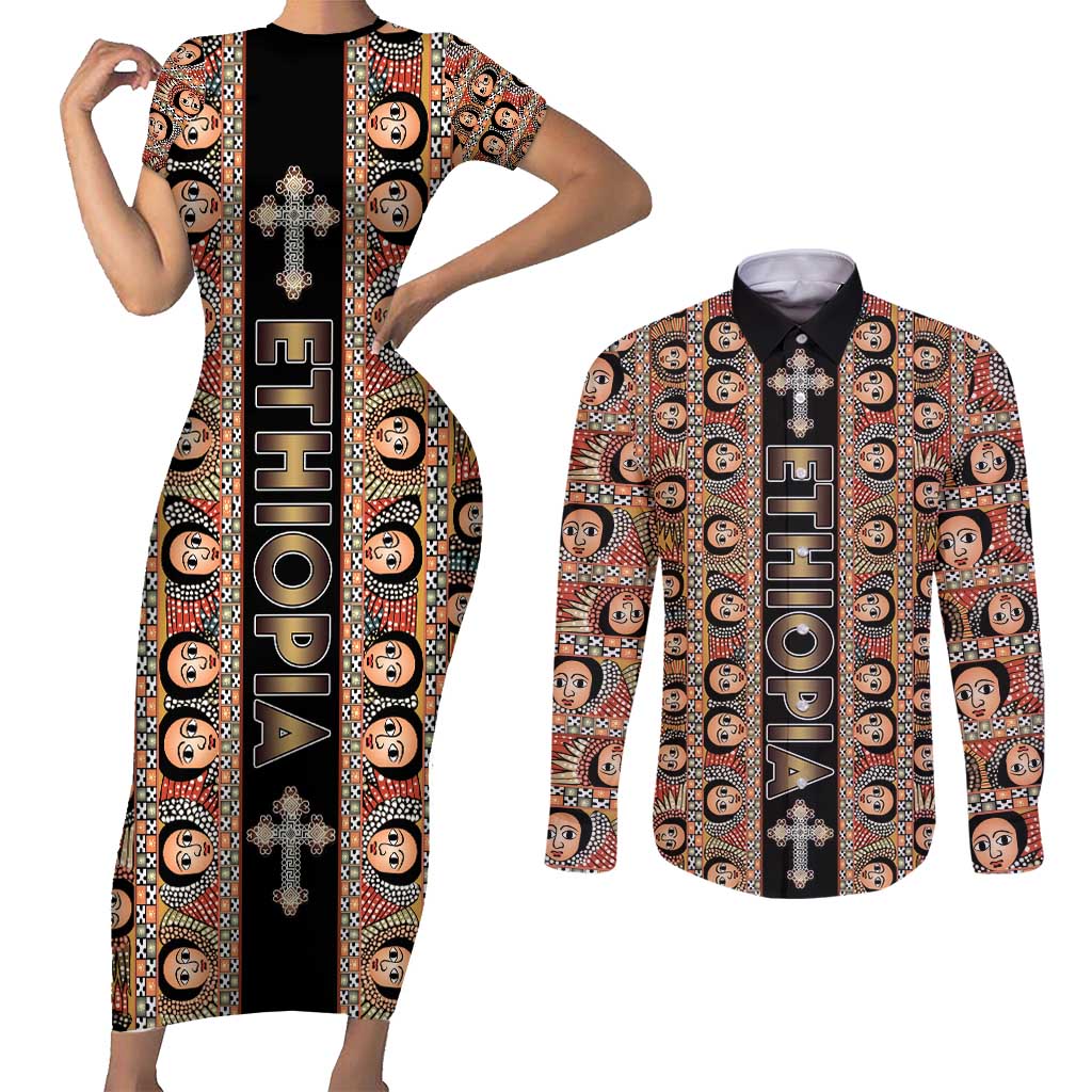Personalized Ethiopian Tewahedo Angel Orthodox Couples Matching Short Sleeve Bodycon Dress and Long Sleeve Button Shirt Black Color