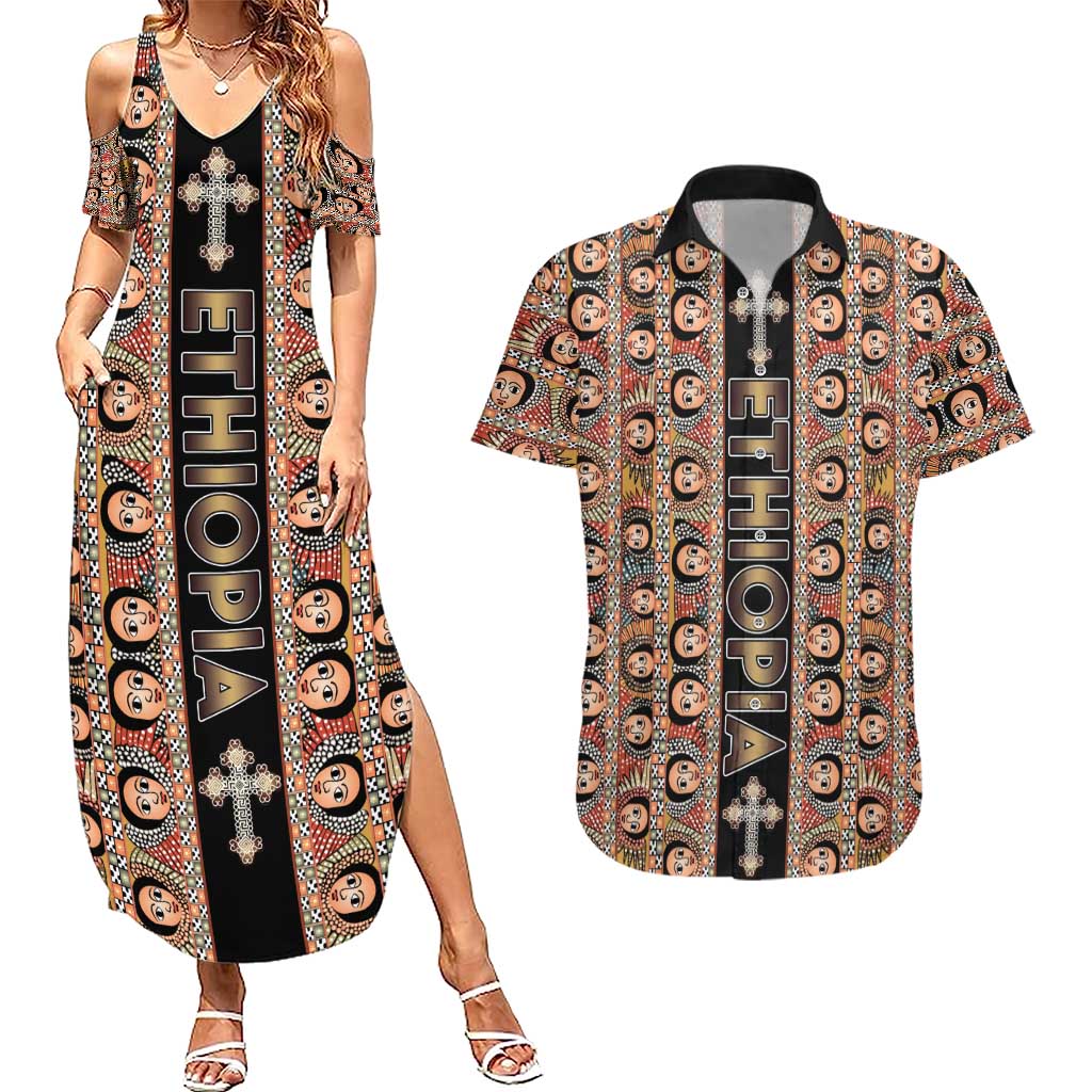 Personalized Ethiopian Tewahedo Angel Orthodox Couples Matching Summer Maxi Dress and Hawaiian Shirt Black Color