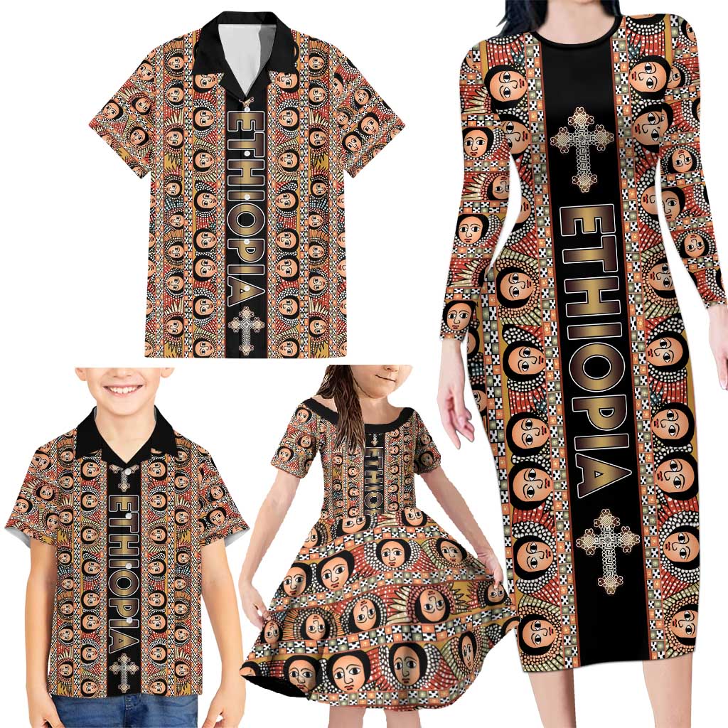 Personalized Ethiopian Tewahedo Angel Orthodox Family Matching Long Sleeve Bodycon Dress and Hawaiian Shirt Black Color
