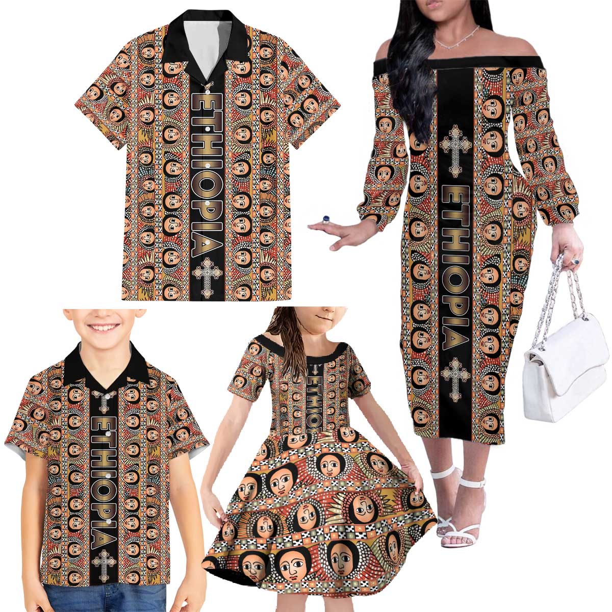 Personalized Ethiopian Tewahedo Angel Orthodox Family Matching Off The Shoulder Long Sleeve Dress and Hawaiian Shirt Black Color