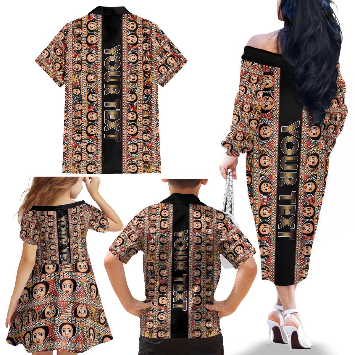 Personalized Ethiopian Tewahedo Angel Orthodox Family Matching Off The Shoulder Long Sleeve Dress and Hawaiian Shirt Black Color