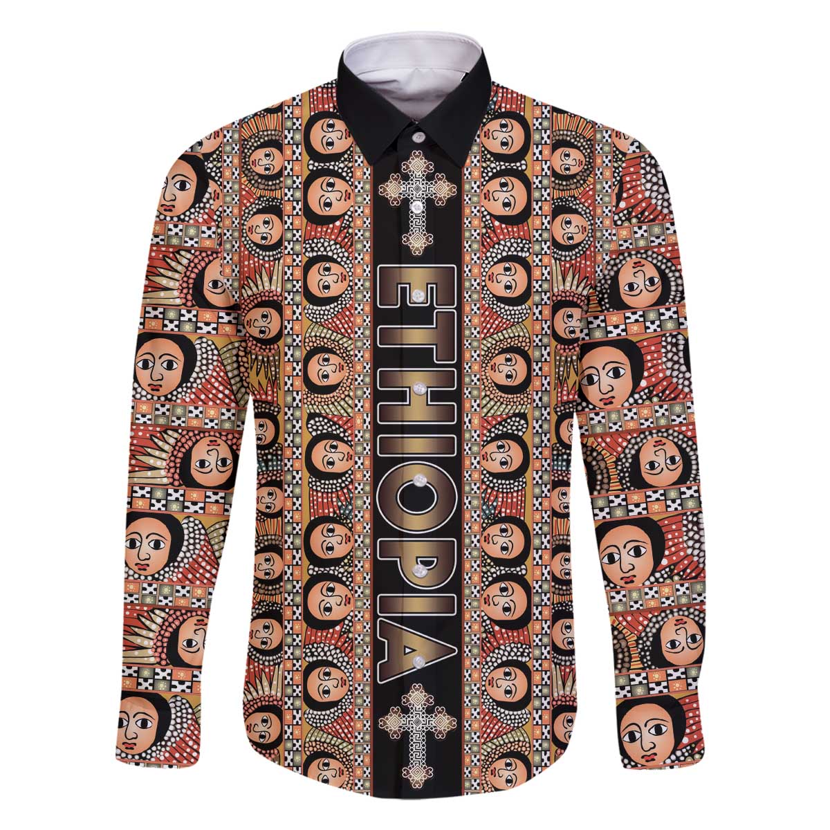 Personalized Ethiopian Tewahedo Angel Orthodox Family Matching Off The Shoulder Long Sleeve Dress and Hawaiian Shirt Black Color