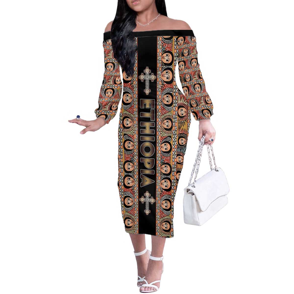 Personalized Ethiopian Tewahedo Angel Orthodox Family Matching Off The Shoulder Long Sleeve Dress and Hawaiian Shirt Black Color