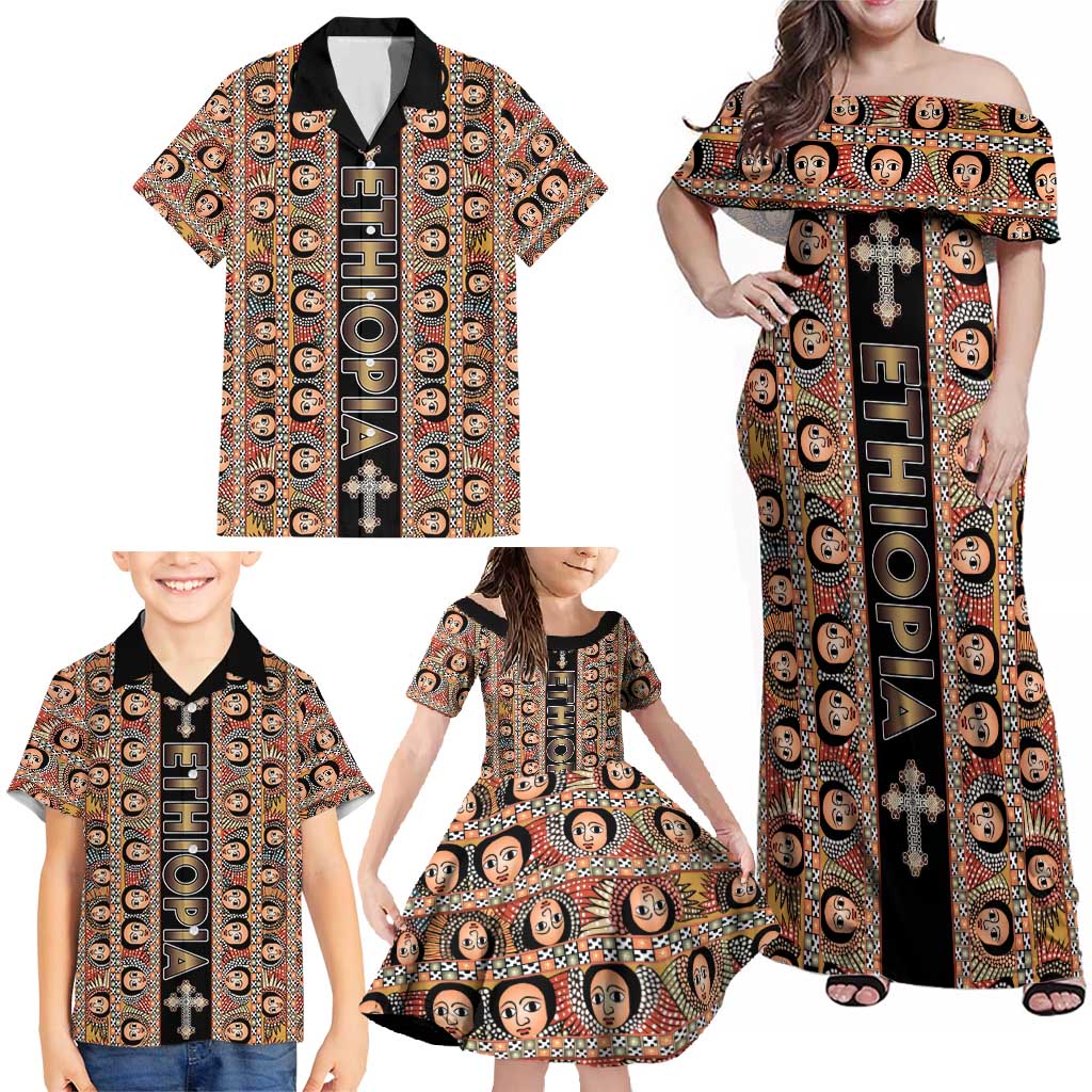 Personalized Ethiopian Tewahedo Angel Orthodox Family Matching Off Shoulder Maxi Dress and Hawaiian Shirt Black Color