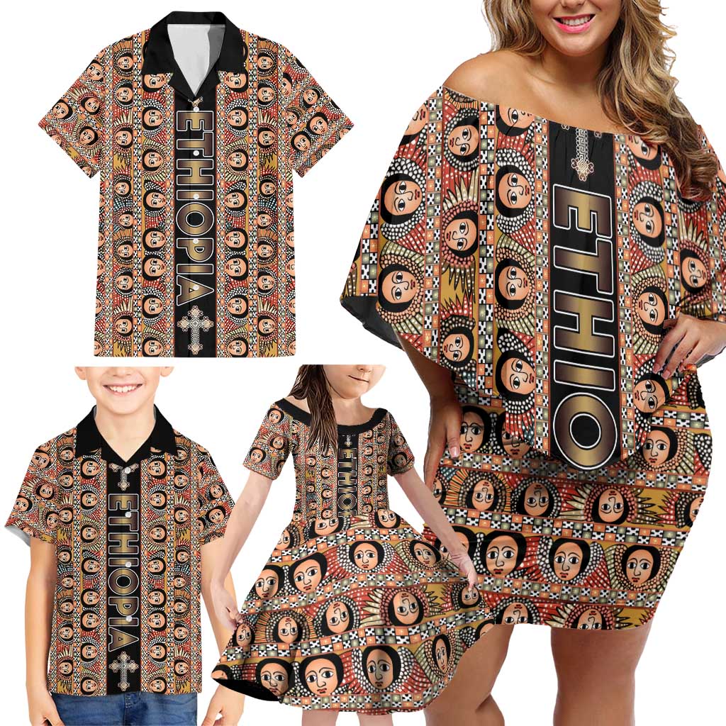Personalized Ethiopian Tewahedo Angel Orthodox Family Matching Off Shoulder Short Dress and Hawaiian Shirt Black Color
