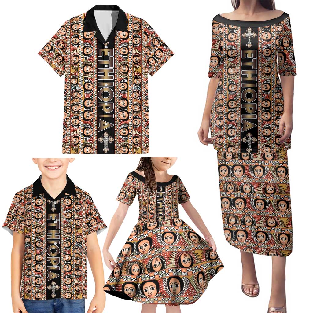 Personalized Ethiopian Tewahedo Angel Orthodox Family Matching Puletasi and Hawaiian Shirt Black Color