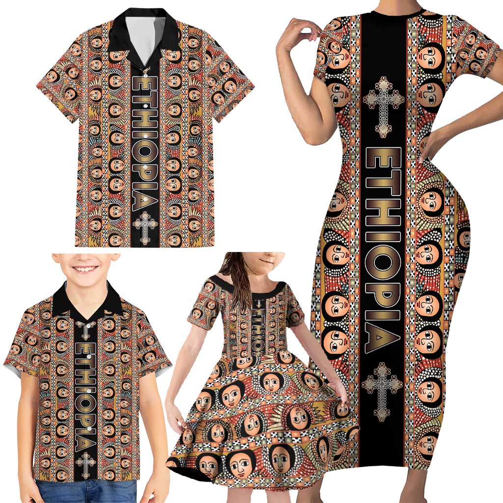 Personalized Ethiopian Tewahedo Angel Orthodox Family Matching Short Sleeve Bodycon Dress and Hawaiian Shirt Black Color