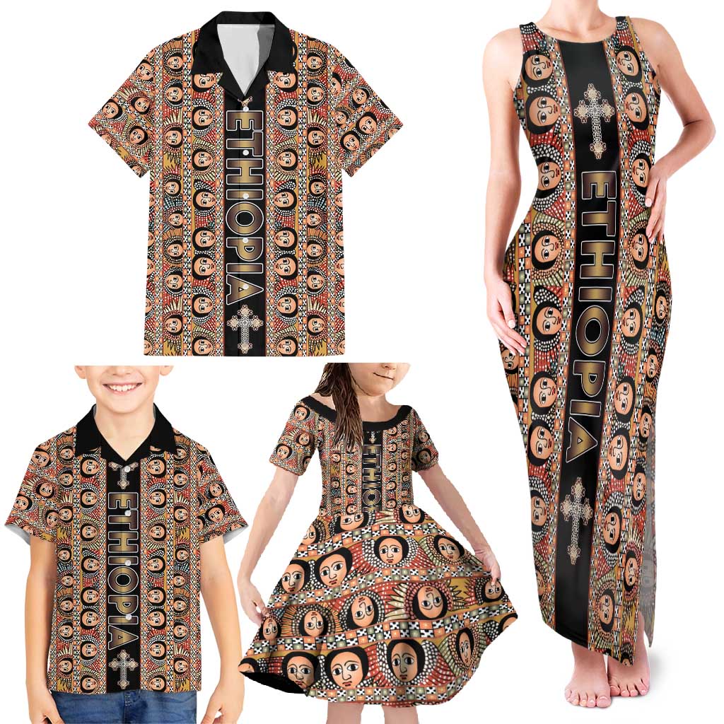 Personalized Ethiopian Tewahedo Angel Orthodox Family Matching Tank Maxi Dress and Hawaiian Shirt Black Color