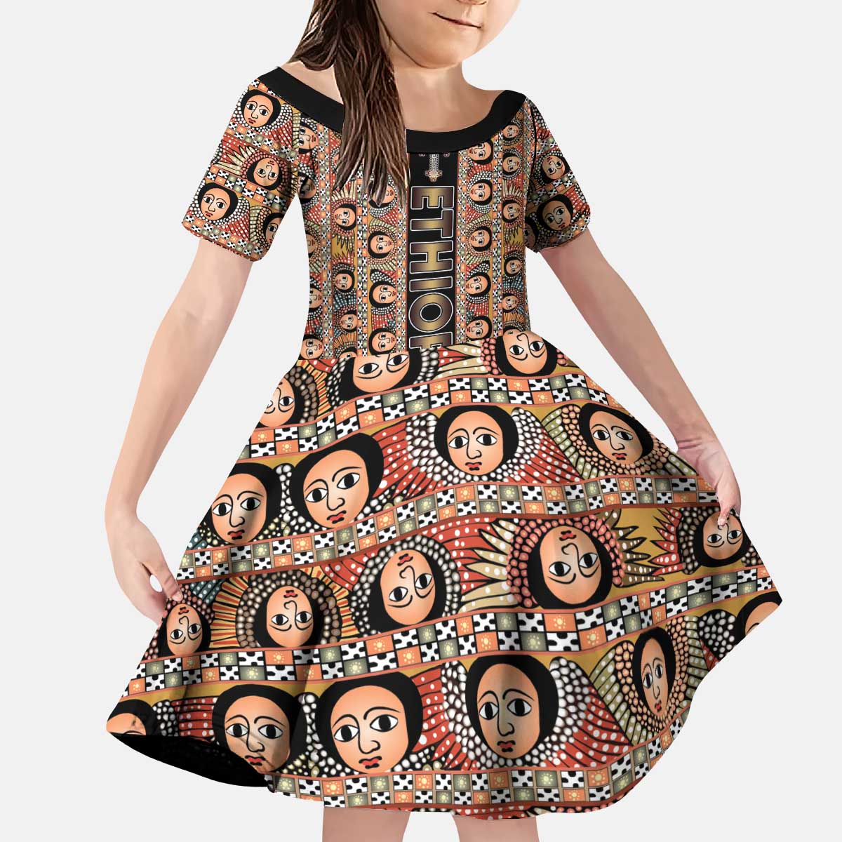 Personalized Ethiopian Tewahedo Angel Orthodox Kid Short Sleeve Dress Black Color