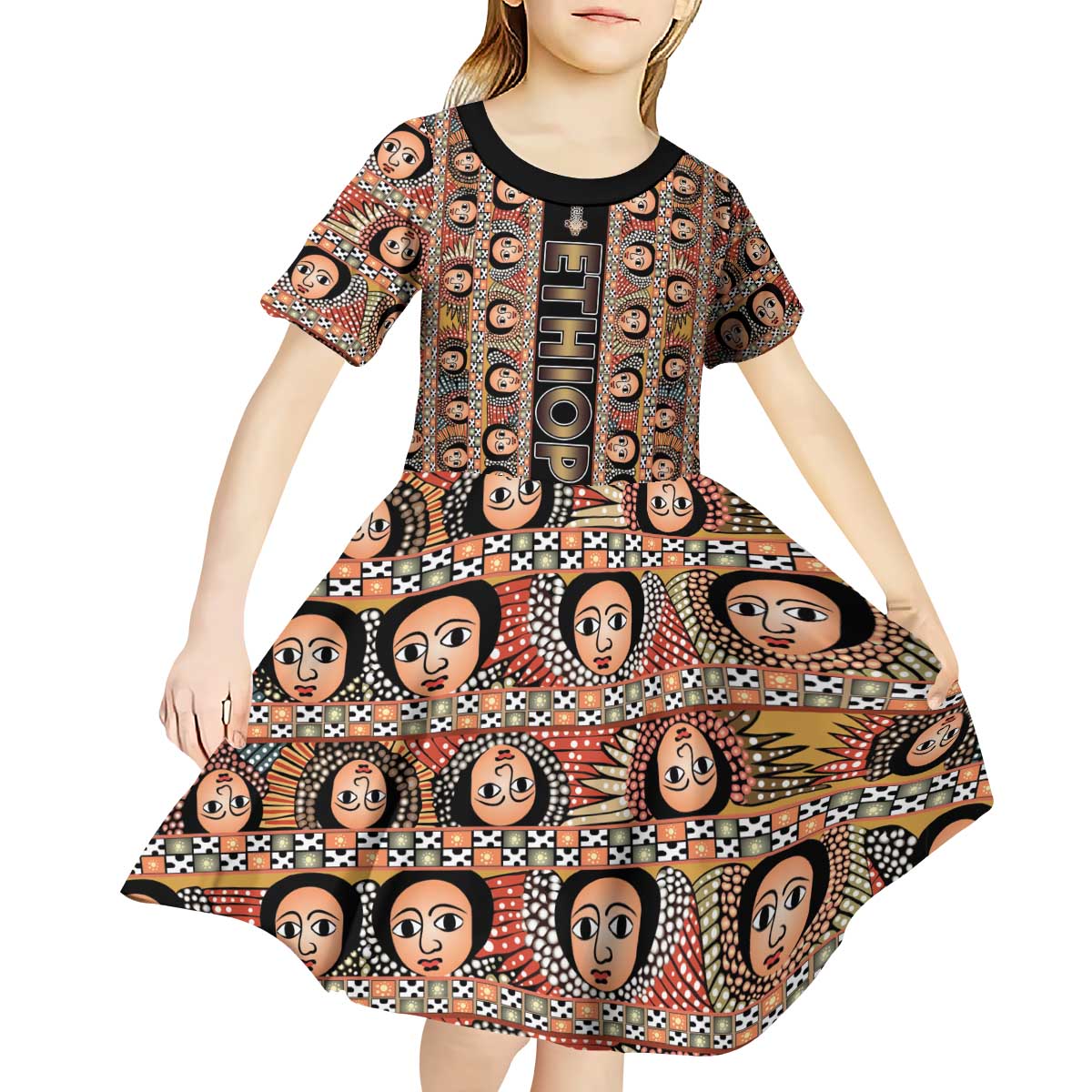 Personalized Ethiopian Tewahedo Angel Orthodox Kid Short Sleeve Dress Black Color