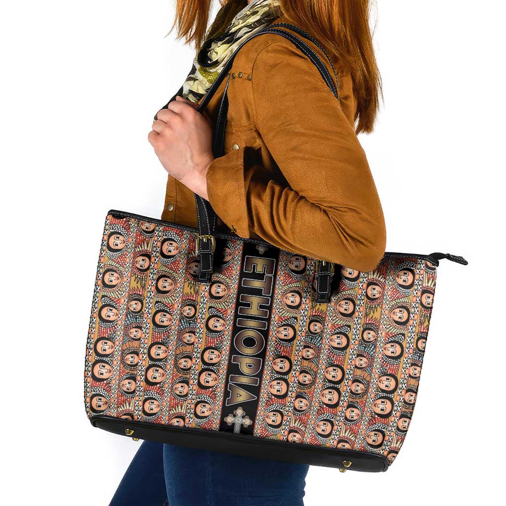Ethiopian Tewahedo Angel Orthodox Leather Tote Bag Black Color