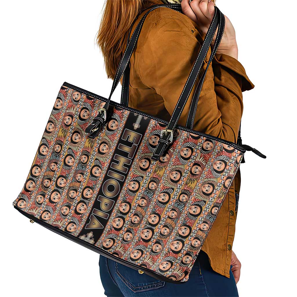 Ethiopian Tewahedo Angel Orthodox Leather Tote Bag Black Color