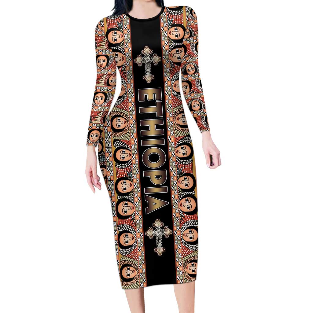 Personalized Ethiopian Tewahedo Angel Orthodox Long Sleeve Bodycon Dress Black Color