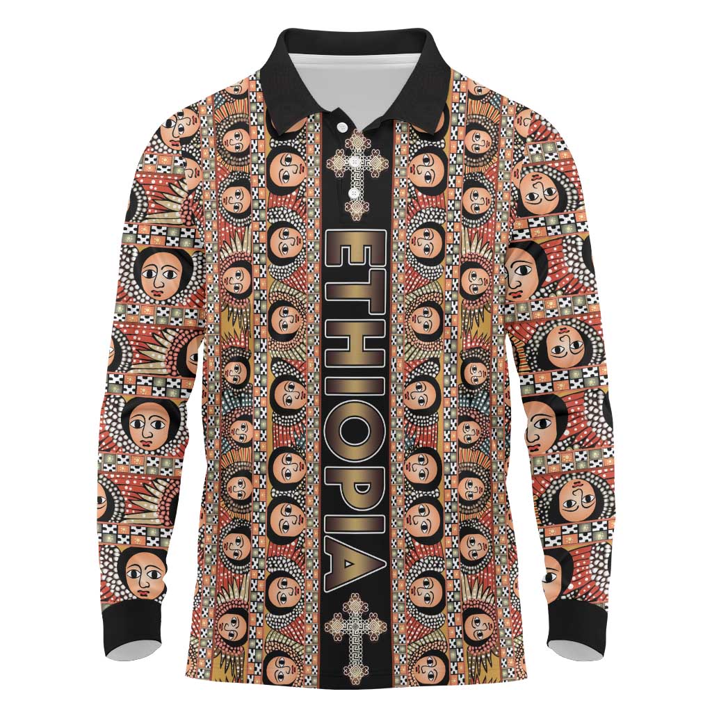 Personalized Ethiopian Tewahedo Angel Orthodox Long Sleeve Polo Shirt Black Color