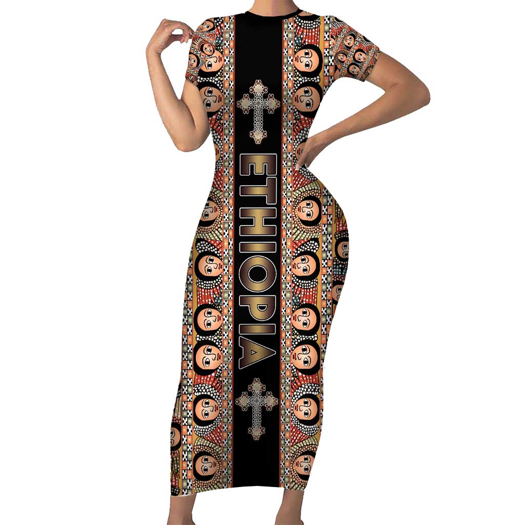 Personalized Ethiopian Tewahedo Angel Orthodox Short Sleeve Bodycon Dress Black Color
