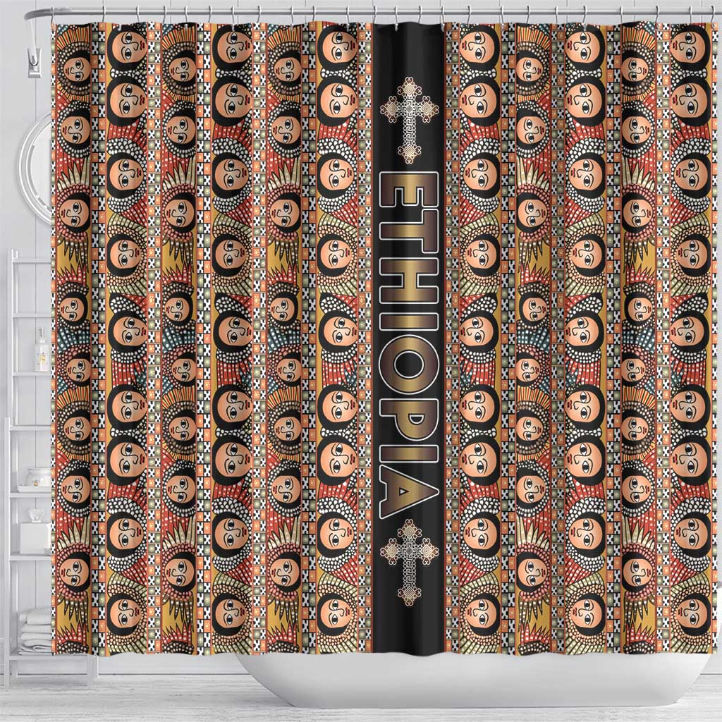 Ethiopian Tewahedo Angel Orthodox Shower Curtain Black Color