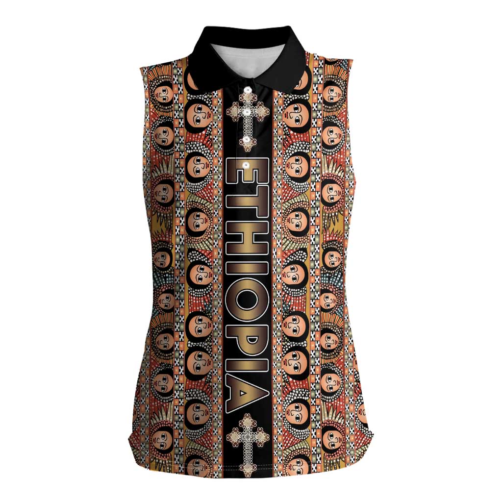 Personalized Ethiopian Tewahedo Angel Orthodox Women Sleeveless Polo Shirt Black Color