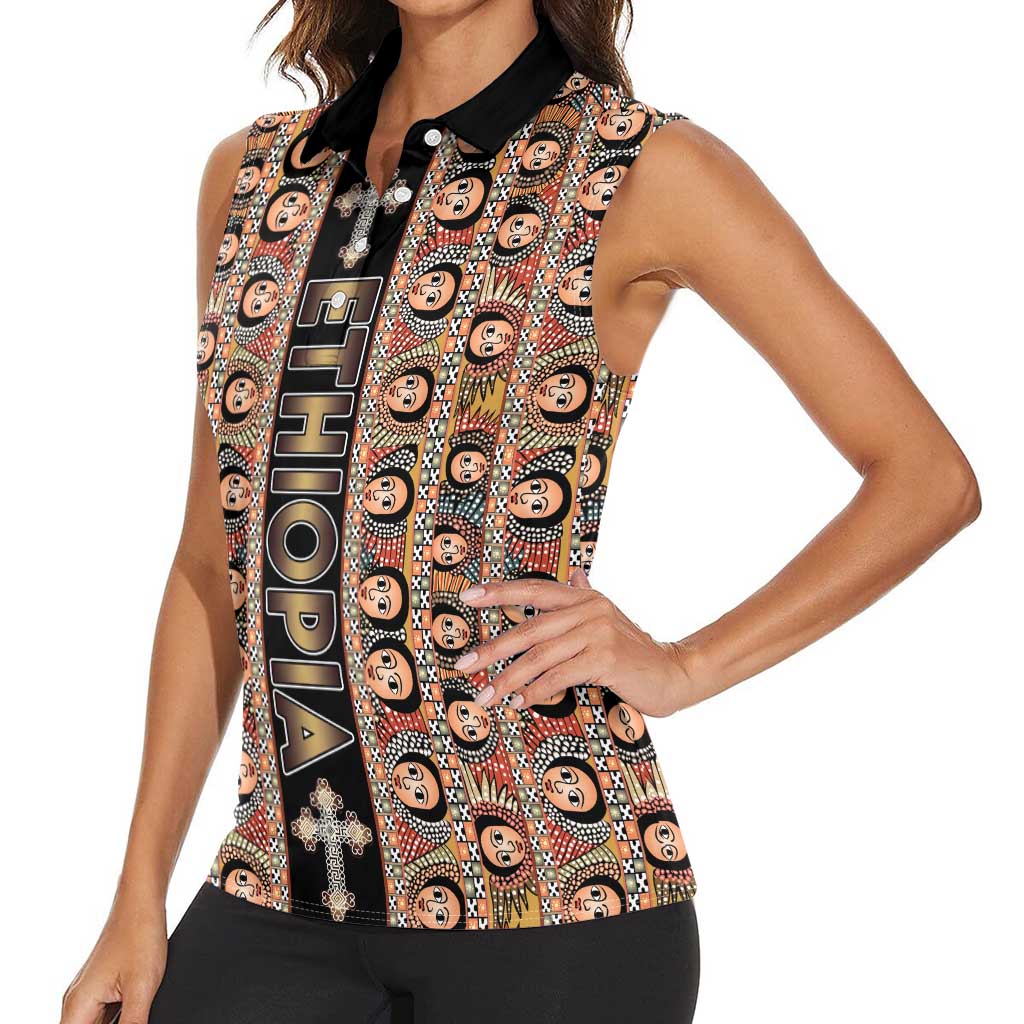 Personalized Ethiopian Tewahedo Angel Orthodox Women Sleeveless Polo Shirt Black Color