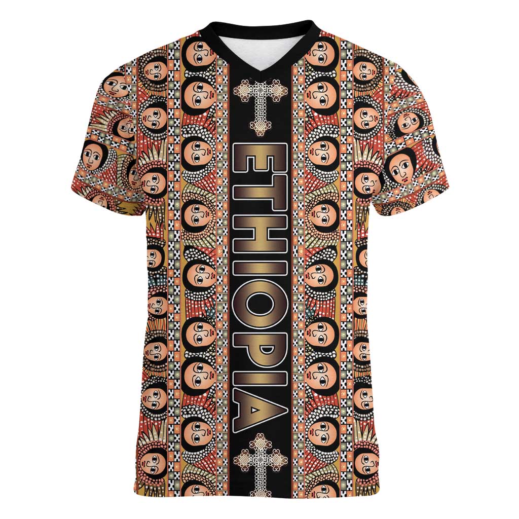 Personalized Ethiopian Tewahedo Angel Orthodox Women V-Neck T-Shirt Black Color