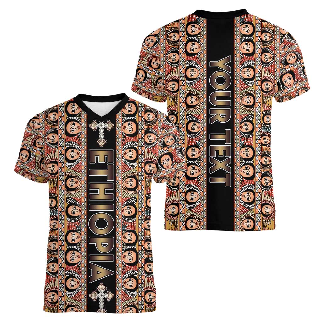 Personalized Ethiopian Tewahedo Angel Orthodox Women V-Neck T-Shirt Black Color