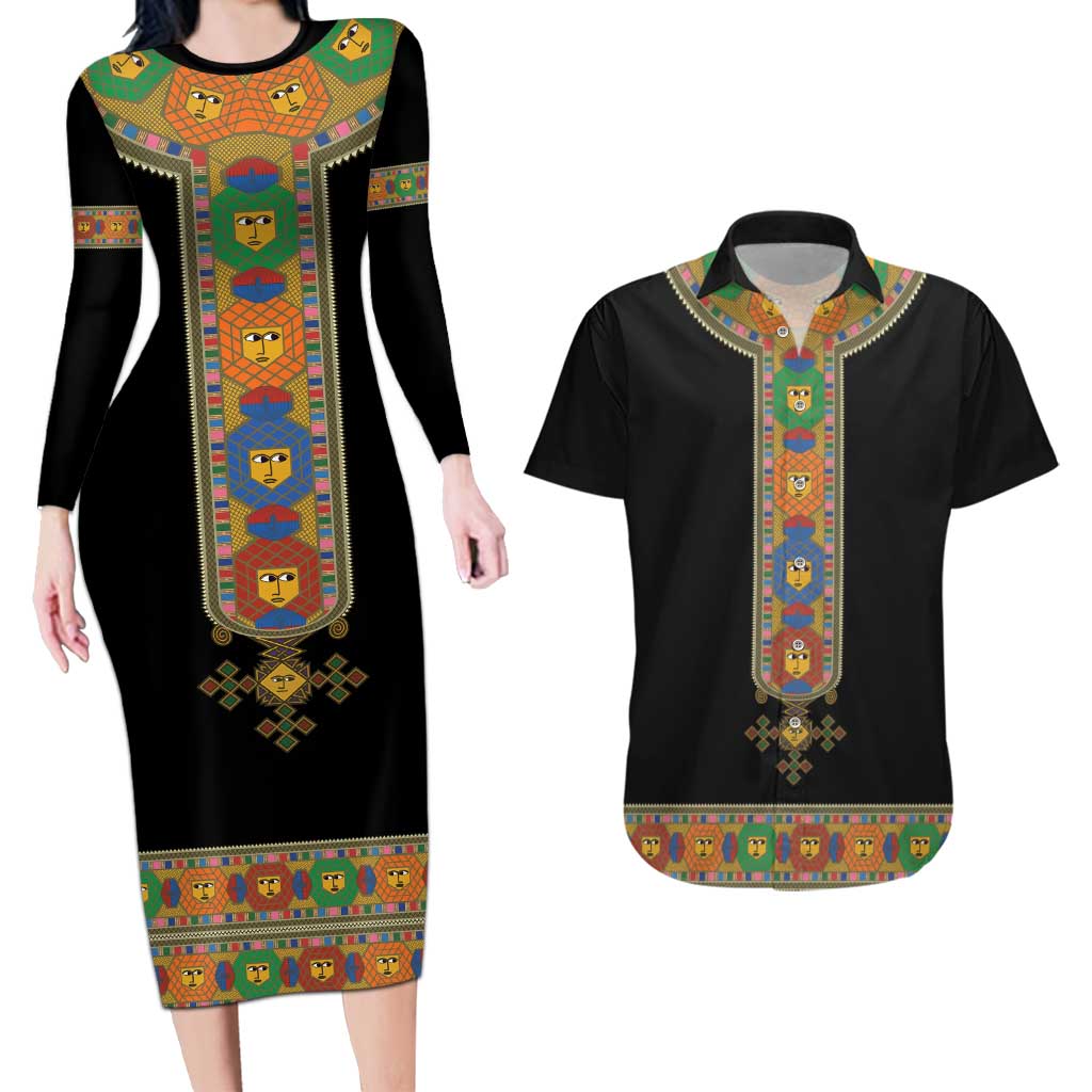 Ethiopia Saba Kemis Couples Matching Long Sleeve Bodycon Dress and Hawaiian Shirt Habesha Style Black Color