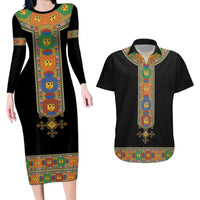 Ethiopia Saba Kemis Couples Matching Long Sleeve Bodycon Dress and Hawaiian Shirt Habesha Style Black Color
