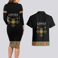 Ethiopia Saba Kemis Couples Matching Long Sleeve Bodycon Dress and Hawaiian Shirt Habesha Style Black Color