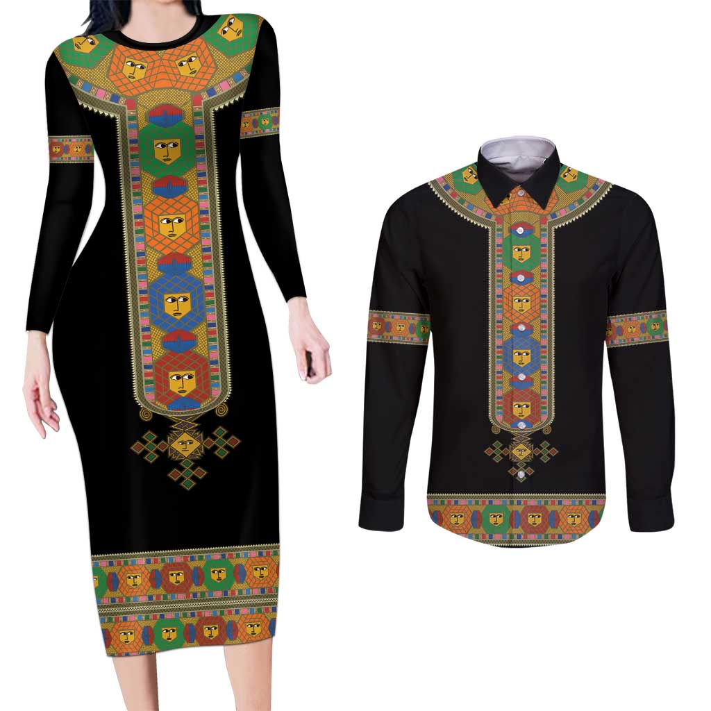 Ethiopia Saba Kemis Couples Matching Long Sleeve Bodycon Dress and Long Sleeve Button Shirt Habesha Style Black Color