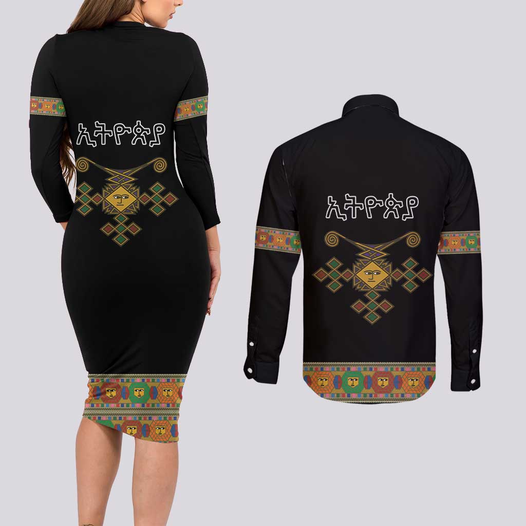 Ethiopia Saba Kemis Couples Matching Long Sleeve Bodycon Dress and Long Sleeve Button Shirt Habesha Style Black Color