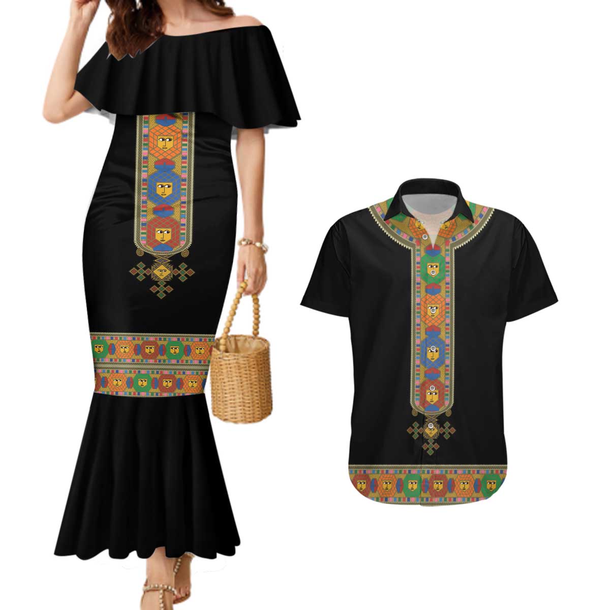 Ethiopia Saba Kemis Couples Matching Mermaid Dress and Hawaiian Shirt Habesha Style Black Color