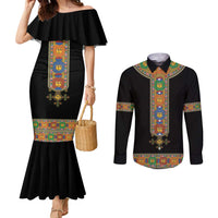 Ethiopia Saba Kemis Couples Matching Mermaid Dress and Long Sleeve Button Shirt Habesha Style Black Color