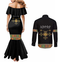 Ethiopia Saba Kemis Couples Matching Mermaid Dress and Long Sleeve Button Shirt Habesha Style Black Color