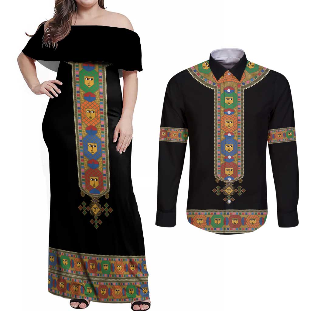 Ethiopia Saba Kemis Couples Matching Off Shoulder Maxi Dress and Long Sleeve Button Shirt Habesha Style Black Color