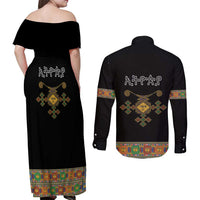 Ethiopia Saba Kemis Couples Matching Off Shoulder Maxi Dress and Long Sleeve Button Shirt Habesha Style Black Color