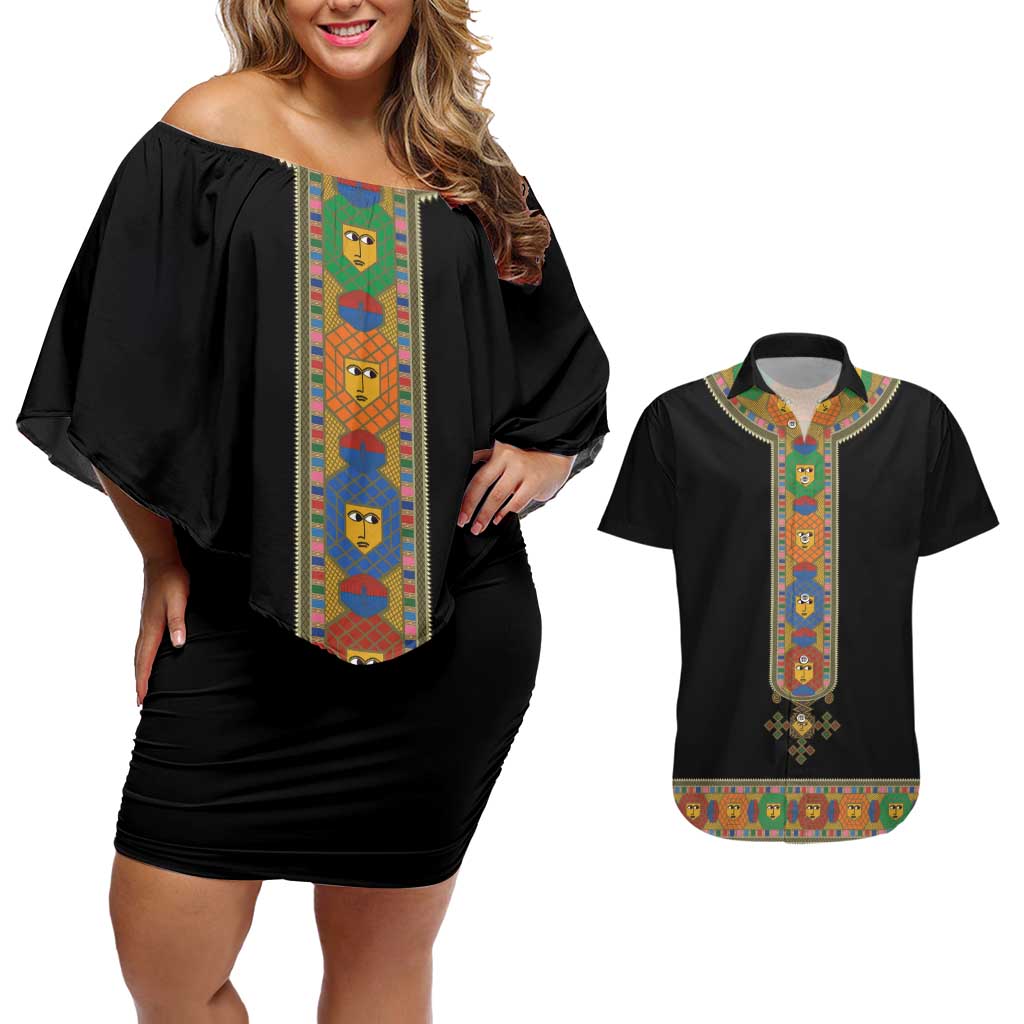 Ethiopia Saba Kemis Couples Matching Off Shoulder Short Dress and Hawaiian Shirt Habesha Style Black Color