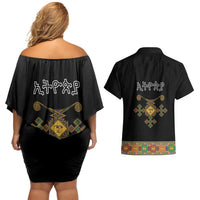Ethiopia Saba Kemis Couples Matching Off Shoulder Short Dress and Hawaiian Shirt Habesha Style Black Color