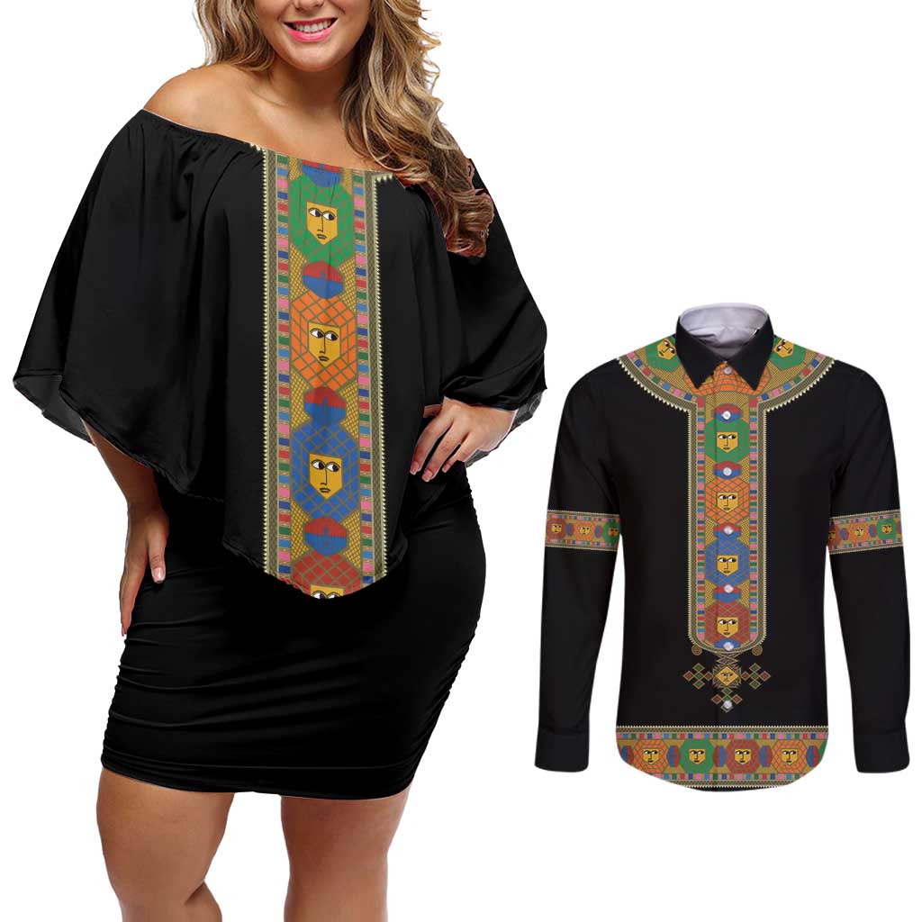 Ethiopia Saba Kemis Couples Matching Off Shoulder Short Dress and Long Sleeve Button Shirt Habesha Style Black Color