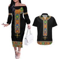 Ethiopia Saba Kemis Couples Matching Off The Shoulder Long Sleeve Dress and Hawaiian Shirt Habesha Style Black Color