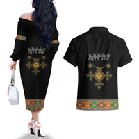 Ethiopia Saba Kemis Couples Matching Off The Shoulder Long Sleeve Dress and Hawaiian Shirt Habesha Style Black Color