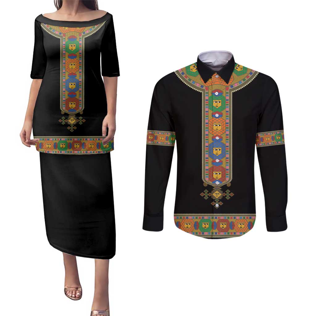 Ethiopia Saba Kemis Couples Matching Puletasi and Long Sleeve Button Shirt Habesha Style Black Color