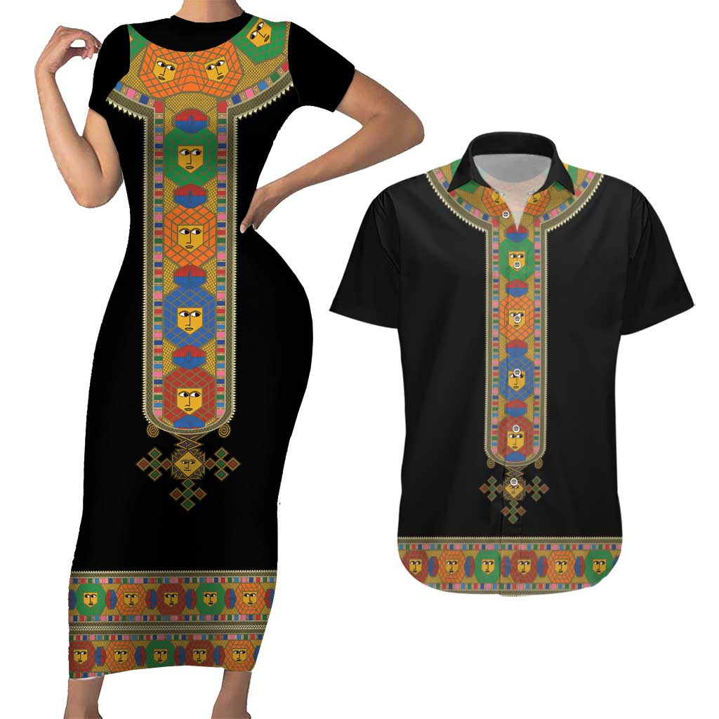 Ethiopia Saba Kemis Couples Matching Short Sleeve Bodycon Dress and Hawaiian Shirt Habesha Style Black Color
