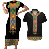 Ethiopia Saba Kemis Couples Matching Short Sleeve Bodycon Dress and Hawaiian Shirt Habesha Style Black Color