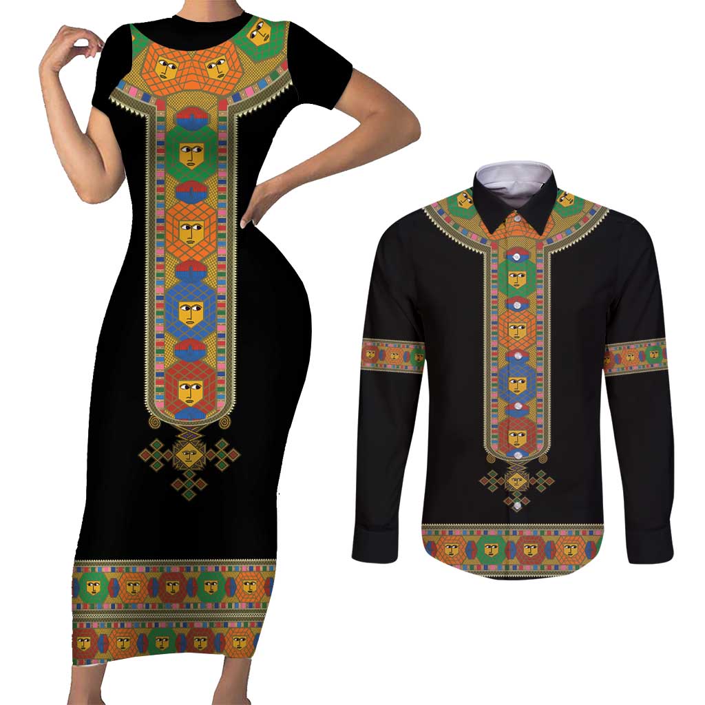 Ethiopia Saba Kemis Couples Matching Short Sleeve Bodycon Dress and Long Sleeve Button Shirt Habesha Style Black Color