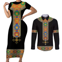 Ethiopia Saba Kemis Couples Matching Short Sleeve Bodycon Dress and Long Sleeve Button Shirt Habesha Style Black Color