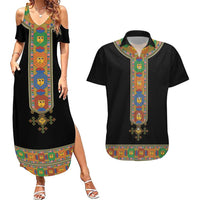 Ethiopia Saba Kemis Couples Matching Summer Maxi Dress and Hawaiian Shirt Habesha Style Black Color
