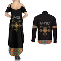 Ethiopia Saba Kemis Couples Matching Summer Maxi Dress and Long Sleeve Button Shirt Habesha Style Black Color
