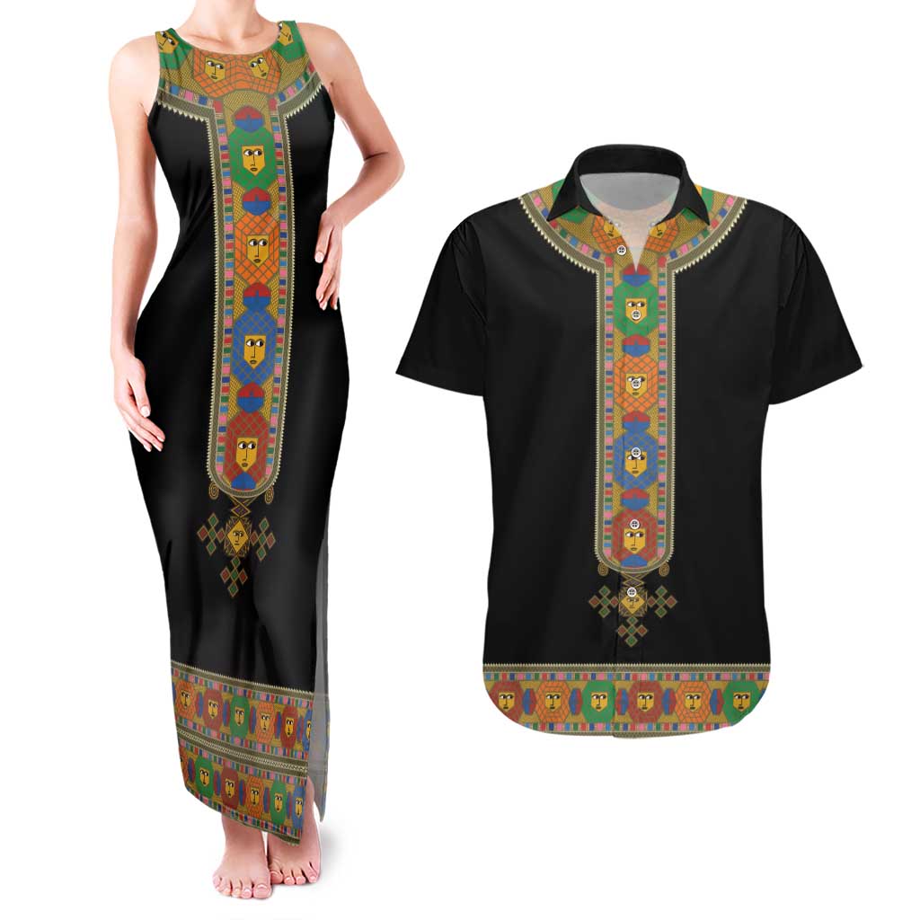 Ethiopia Saba Kemis Couples Matching Tank Maxi Dress and Hawaiian Shirt Habesha Style Black Color