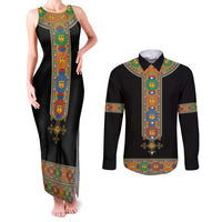 Ethiopia Saba Kemis Couples Matching Tank Maxi Dress and Long Sleeve Button Shirt Habesha Style Black Color