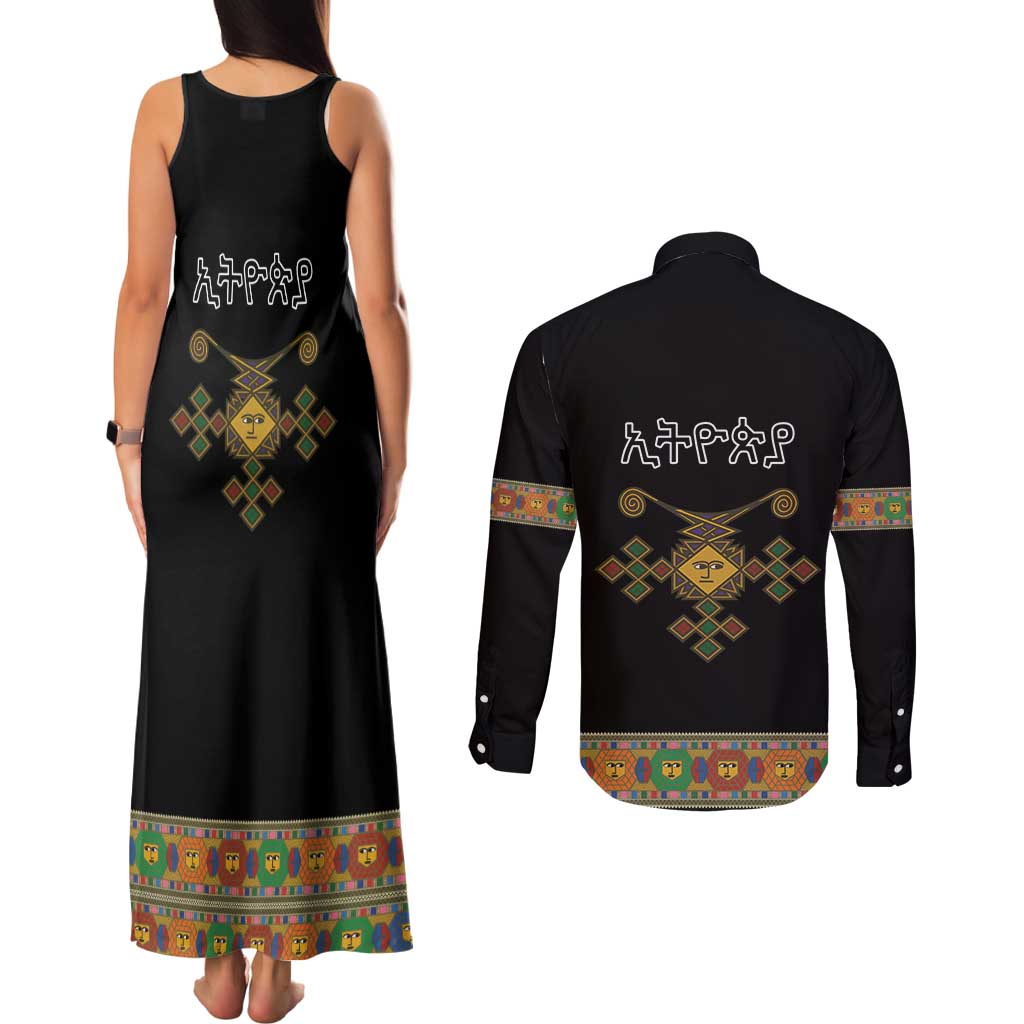 Ethiopia Saba Kemis Couples Matching Tank Maxi Dress and Long Sleeve Button Shirt Habesha Style Black Color
