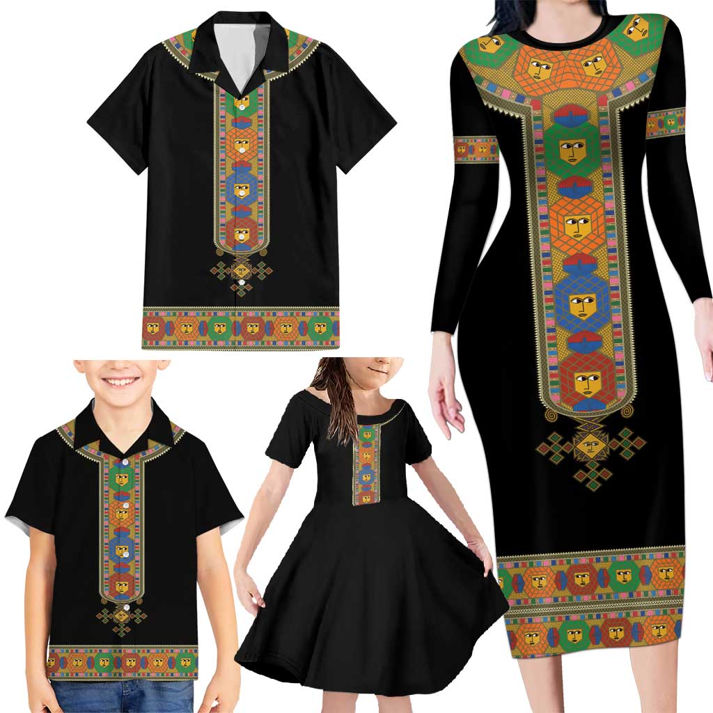 Ethiopia Saba Kemis Family Matching Long Sleeve Bodycon Dress and Hawaiian Shirt Habesha Style Black Color